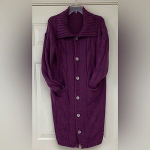 💜❄️💜Women's Collard Purple Button Down Cable Knit Cardigan Sweater with Pockets